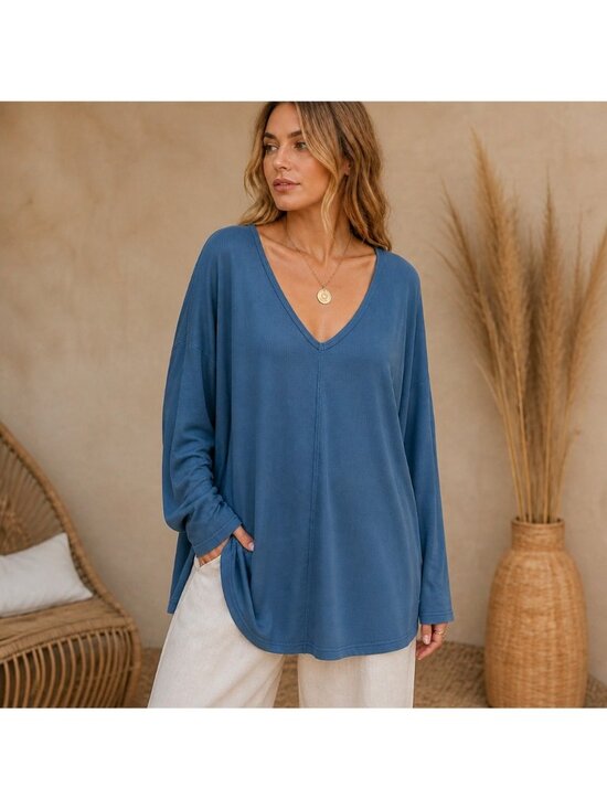 Free People Tops - Free People oversized lagenlook size S blue distressed long sleeve top V-neck